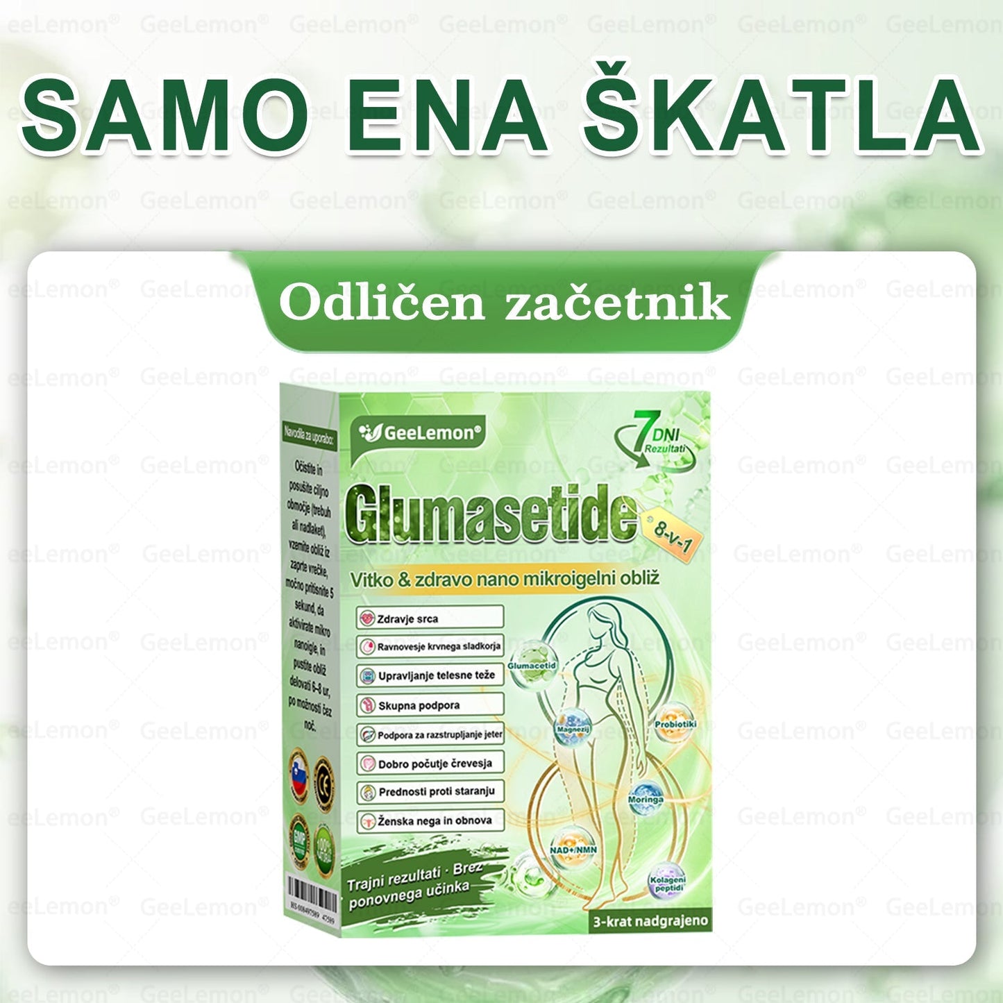 Registrirano pri JAZMP in GMP certificirano👩‍⚕️🎁 𝐆𝐞𝑒𝐿𝑒𝐦𝐨𝐧® 𝐆𝐥𝐮𝐦𝐚𝐬𝐞𝐭𝐢𝐝𝐞 8 v 1 Hujševalni in zdravju namenjen nano obliž z mikroiglicami 2.🇸🇮 (Samo enkrat na dan, vidne spremembe že v 7 dneh)